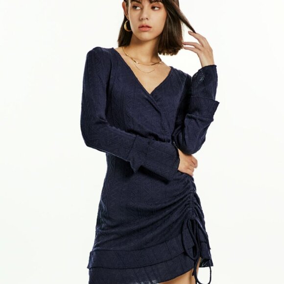 Cider Dresses & Skirts - Cider Woven Solid V-Neck Ruched Drawstring Navy Blue Dress‎ L Grunge Fairycore